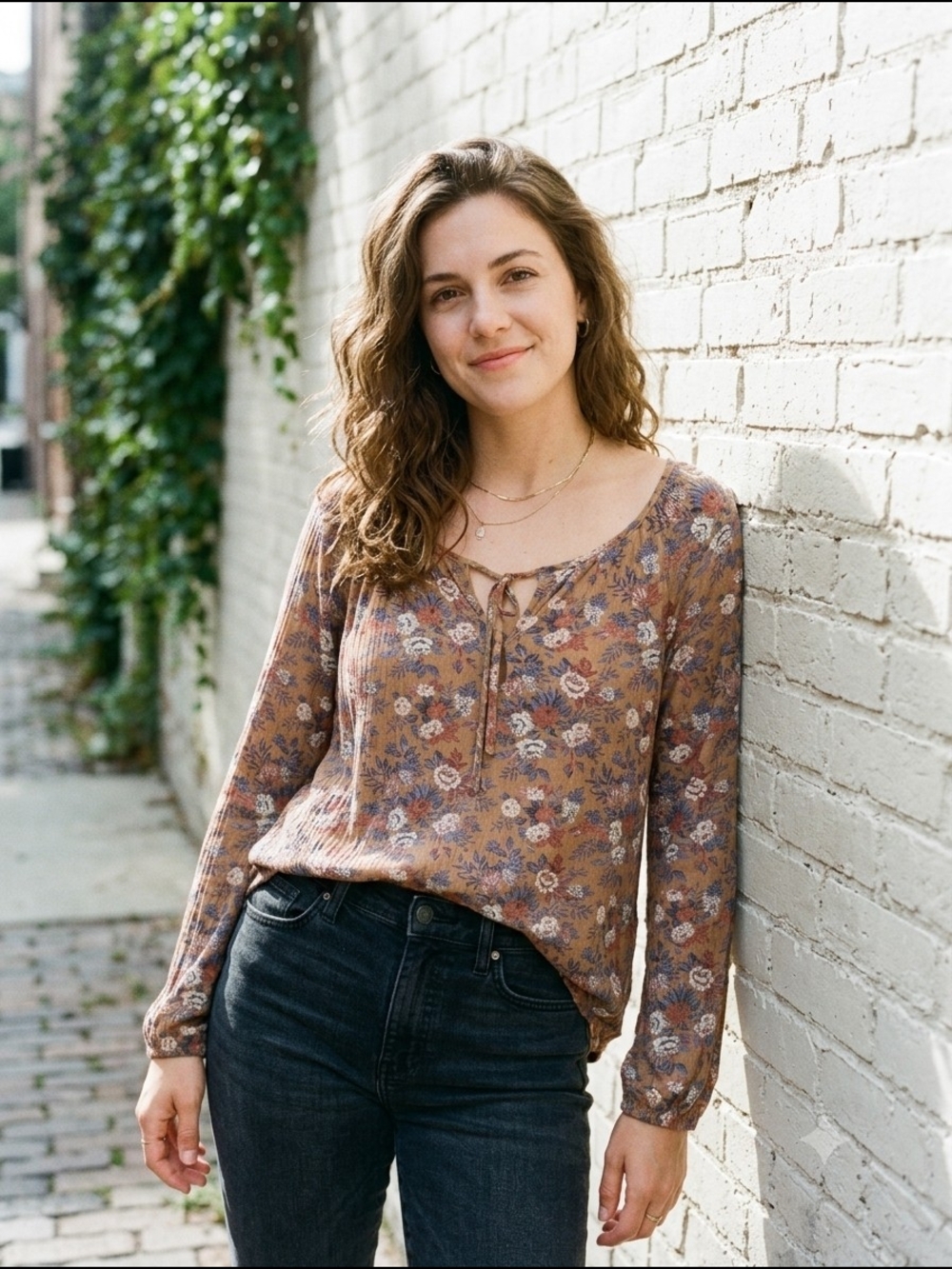 Lucky‎ Brand Women’s Peasant Floral Tie-Front Long Sleeve Top Prairie Style